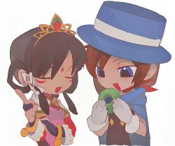  ace_attorney black_hair blue_eyes blue_hat brown_hair cape closed_eyes doughnut facial_tattoo food gloves hat highres mitsu1551 rayfa_padma_khura'in red_scarf scarf tattoo tiara trucy_wright white_gloves 