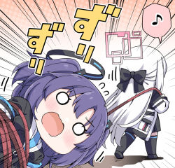  2girls black_bow black_jacket black_shoes black_skirt black_thighhighs blue_archive blue_necktie blush bound bow breasts chibi commentary_request eighth_note emphasis_lines flying_sweatdrops hair_bow halftone halftone_background halo jacket kei_(blue_archive) long_hair medium_breasts multiple_girls musical_note necktie o_o open_mouth pleated_skirt purple_hair rioshi shadow shirt shoe_soles shoes skirt spoken_musical_note thigh-highs tied_up_(nonsexual) translation_request very_long_hair walking white_hair white_jacket white_shirt yuuka_(blue_archive) 