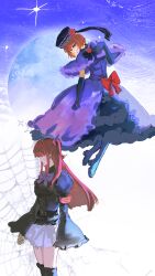  2girls absurdres armband belt black_bow black_gloves black_hat black_jacket black_skirt black_thighhighs blue_eyes blunt_bangs bow bowtie capelet chinese_commentary commentary_request dress dress_bow elbow_gloves eva_beatrice floating flower four-pointed_star frilled_capelet frilled_dress frills gloves hair_bobbles hair_ornament hat hat_flower highres jacket juliet_sleeves loafers long_hair long_sleeves looking_at_another looking_to_the_side multiple_girls no_eyes orange_hair planet puffy_sleeves purple_dress red_armband red_bow red_flower red_hair red_rose rose shoes short_hair short_twintails sidelocks silk skirt sky smile spider_web star_(sky) starry_sky thigh-highs tut_(xhs_7440533412) twintails umineko_no_naku_koro_ni unfinished ushiromiya_ange white_skirt wide_sleeves 