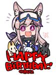  1girl :d animal animal_ear_fluff animal_ears arknights bare_shoulders blue_necktie cardigan_(arknights) chibi dog dog-san dog_ears dog_girl fang gloves goggles goggles_on_head happy_birthday highres long_hair looking_at_viewer multicolored_hair necktie open_mouth pink_hair purple_hair shirt sidelocks simple_background smile solo streaked_hair tongue upper_body white_background white_gloves white_shirt 