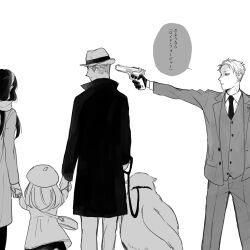  2boys 2girls aiming anya_(spy_x_family) bag bond_(spy_x_family) coat commentary_request dog dual_persona greyscale gun gun_to_another's_head handgun hat highres holding holding_gun holding_hands holding_leash holding_weapon jacket leash long_hair long_sleeves medium_hair monochrome multiple_boys multiple_girls necktie outstretched_arm pants parted_lips short_hair shoulder_bag simple_background smile speech_bubble spy_x_family suit_jacket tarutaruso3 translation_request twilight_(spy_x_family) vest waistcoat weapon white_background winter_clothes yor_briar 