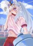  1girl absurdres ahoge alternate_hairstyle animal_ears bangs blurry blurry_foreground bottle building clothes_lift clouds grey_hair gym_uniform highres horse_ears kento_(kentdrawing) long_hair looking_at_viewer multicolored_hair navel notice_lines oguri_cap_(umamusume) open_mouth outdoors ponytail pov red_shorts shirt shirt_lift short_sleeves shorts solo sweat umamusume upper_body violet_eyes water_bottle white_shirt wiping_sweat 