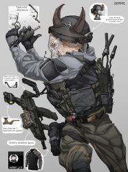  1girl absurdres artist_name assault_visor black_gloves black_helmet bulletproof_vest combat_helmet crack cracked_armor cracked_glass english_text epakim explosive gloves green_pants grenade grenade_pin grey_background grey_sweater gun h&amp;k_mp7 handgun helmet highres holding holding_grenade holstered horns lamia_(epakim) meme original pants radio_antenna simple_background solo submachine_gun sweater tactical_clothes twitter_username two_soyjaks_pointing_(meme) weapon 