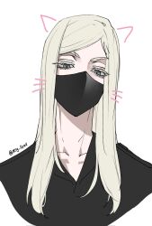  1boy animal_ears black_mask black_shirt blonde_hair cat_ears collarbone collared_shirt commentary_request covered_mouth expressionless forehead green_eyes hair_behind_ear head_tilt highres korean_commentary long_hair looking_at_viewer male_focus mask mouth_mask msg_6yell official_alternate_hair_color portrait sanzu_haruchiyo shirt side_part simple_background solo straight-on straight_hair tokyo_revengers twitter_username white_background 