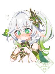  1girl absurdres armlet bare_shoulders blush bracelet bright_pupils cape closed_mouth colored_tips commentary_request cropped_torso cross-shaped_pupils crying crying_with_eyes_open detached_sleeves dress ear_blush embarrassed eyelashes flying_sweatdrops furrowed_brow gem genshin_impact gold_armlet gold_bracelet gradient_hair green_cape green_eyes green_gem green_hair green_sleeves hair_intakes hair_ornament hands_up heart heart_hair_ornament highres index_finger_raised jewelry leaf leaf_hair_ornament long_hair looking_down multicolored_hair nahida_(genshin_impact) oishii_sasa pointy_ears portrait ringed_eyes side_ponytail sidelocks solo streaked_hair symbol-shaped_pupils tareme tearing_up tears twitter_username watermark wavy_mouth white_background white_dress white_hair white_pupils 