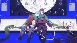  2boys absurdres baiyuan794 black_hair black_suit blood blood_on_clothes blood_on_knife blood_splatter blue_hair blue_necktie blue_pants brown_jacket chinese_commentary closed_eyes commentary_request curtained_hair english_text full_moon green_scarf hair_between_eyes hand_grip highres holding holding_knife jacket knife leaning_on_person male_focus moon multiple_boys necktie outline pale_skin pants samejima_satoru scarf sekai_metsubou_kyouyuu_gensou_mamiya shadow shared_clothes shared_scarf short_hair sitting sky sleeping star_(sky) starry_sky suit suou_keito train_interior white_outline 