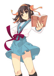  1girl black_socks blue_sailor_collar blue_skirt book brown_eyes brown_hair commentary_request dated_commentary hair_ribbon holding holding_book ito_noizi kita_high_school_uniform kneehighs neck_ribbon open_book orange_ribbon red_ribbon ribbon sailor_collar school_uniform shirt short_hair simple_background skirt smile socks solo standing suzumiya_haruhi suzumiya_haruhi_no_yuuutsu white_background white_shirt 