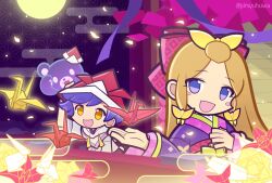  1boy 1girl alternate_costume blue_eyes blue_hair blue_hat blush_stickers bow brown_hair butterfly_hair_ornament chizuru_(puyopuyo) commentary_request dini_(puyopuyo) egasumi full_moon grey_kimono hair_bow hair_ornament hand_on_headwear hand_up hat japanese_clothes kimono long_hair looking_at_viewer moon night obi official_style open_mouth orange_eyes origami outdoors paper_crane paper_hat paper_kabuto pimyuhuwa pink_bow purple_kimono purple_ribbon puyopuyo puyopuyo_quest red_sash ribbon sash short_hair sidelocks smile stuffed_animal stuffed_toy teddy_bear twitter_username wide_sleeves yellow_bow 