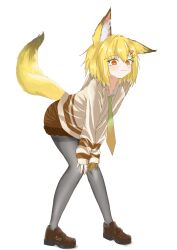  1girl absurdres animal_ear_fluff animal_ears arknights bright_pupils brown_necktie brown_shoes cardigan commentary full_body gradient_necktie green_necktie grey_pantyhose hair_ornament hairclip hands_on_own_knees highres knees_together_feet_apart leaning_forward light_blush light_smile looking_at_viewer multiple_hairclips necktie official_alternate_costume one_ear_down orange_eyes pantyhose parallel_hairclips shirt shisai shoes sleeves_past_wrists solo standing tail tail_raised vermeil_(arknights) vermeil_(playfellows)_(arknights) white_cardigan white_pupils white_shirt yellow_tail 