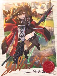  1girl :d absurdres angelina_(arknights) animal_ear_fluff animal_ears arknights arknights:_endfield azu_no_kiyomori black_boots black_dress black_gloves black_thighhighs boots brown_hair building character_name city coat commentary_request day dot_nose double-parted_bangs dress elbow_gloves floating fold-over_boots fox_ears fox_girl gilberta_(arknights) gloves high_collar highres holding holding_staff lake lined_paper long_hair looking_at_viewer microdress one_eye_closed open_clothes open_coat orange_eyes outdoors red_coat shading_eyes smile solo staff teeth thigh-highs twintails upper_teeth_only watermark wax_seal wide_sleeves zettai_ryouiki 