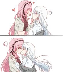  2girls absurdres bang_dream! bang_dream!_our_notes black_hairband blue_eyes chibi closed_eyes commentary_request dress fealin0000 hairband hand_on_another's_chin highres izumi_houka kiss long_hair midriff multiple_girls pink_hair red_shirt shiomi_hotaru shirt simple_background white_background white_dress white_hair yuri 