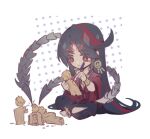  1boy asura_(onmyoji) bare_pectorals bishounen black_hair bracelet chibi dark_skin earrings facial_mark forehead_mark japanese_clothes jewelry jie_gu_gu_yi long_hair male_focus multicolored_hair onmyoji pectorals sculpture short_hair solo statue statuette taishakuten_(onmyoji) tattoo two-tone_hair white_background 