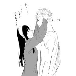  1boy 1girl absurdres arrow_(symbol) blush closed_eyes closed_mouth commentary_request drunk greyscale hairband highres long_hair long_sleeves monochrome shirt short_hair short_sleeves sidelocks simple_background spy_x_family straight_hair sweatdrop t-shirt tarutaruso3 translation_request twilight_(spy_x_family) upper_body white_background yor_briar 