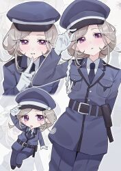  1girl antenna_hair blush chibi commentary_request gloves hair_intakes hat highres holding jacket long_hair looking_at_viewer meitantei_precure! moe_nayo moria_luluka necktie open_mouth pants police police_hat police_uniform policewoman precure shirt smile solo teeth violet_eyes zoom_layer 