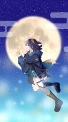  1girl absurdres animal_ears beko_(eec3h7dk8bvipiu) black_boots blue_hoodie blue_kimono blue_nails boots cho_kaguya-hime! commentary egasumi fishnet_thighhighs fishnets flying forehead_jewel fox_ears fox_girl fox_tail full_moon green_eyes highres hood hood_down hoodie japanese_clothes kimono medium_hair moon purple_hair sakayori_iroha sakayori_iroha_(tsukuyomi) single_thighhigh sky solo star_(sky) starry_sky tail thigh-highs untranslatable_commentary 