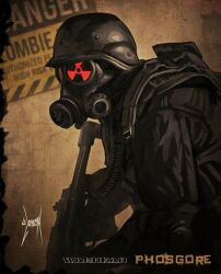  1boy ammunition_belt commentary english_text facing_to_the_side from_side gas_mask gun h&amp;k_mp5 helmet highres holding holding_gun holding_weapon hunk_(resident_evil) male_focus mask resident_evil resident_evil_2 rifle sign solo submachine_gun upper_body warning_sign weapon zombiyh 