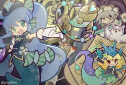  1boy 2girls ace_(playing_card) ace_of_spades aerial_hoop alternate_costume animal aqua_bow aqua_bowtie aqua_eyes aqua_wings ball beachball bird black_gloves black_hat black_jacket black_shirt blonde_hair blue_hair blush_stickers bow bowtie bracelet brown_eyes card closed_mouth commentary_request conical_hat elbow_gloves eyepatch facial_mark fins flower gilbert_(puyopuyo) gloves green_flower green_rose grey_hair hair_bow hair_flower hair_ornament hat head_fins heart heart_facial_mark holding holding_polearm holding_weapon holding_whip horned_hat jacket jester_cap jewelry lance long_hair looking_at_viewer map_(object) merfolk mermaid monster_girl multiple_girls non-humanoid_robot official_alternate_costume official_style one_eye_covered open_mouth outstretched_arm owl pimyuhuwa playing_card polearm puffy_short_sleeves puffy_sleeves puyopuyo puyopuyo_quest red_eyes robot robot_animal robot_fish rose sea_otter serilly_(puyopuyo) serilly_(steam_city)_(puyopuyo) shirt short_sleeves smile spade_(shape) star_(symbol) star_facial_mark steampunk strapless strapless_shirt striped_clothes striped_headwear striped_shirt top_hat twitter_username vertical-striped_clothes vertical-striped_headwear vertical-striped_shirt very_long_hair violet_eyes vivienne_(puyopuyo) weapon whip white_gloves winding_key wings 