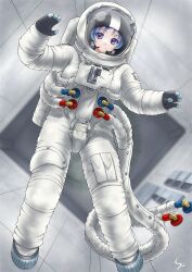  1girl astronaut black_gloves blue_hair cable commentary_request floating full_body futakanesano gloves helmet highres midair original smile snoopy_cap solo space_helmet spacecraft spacecraft_interior spacesuit violet_eyes zero_gravity 