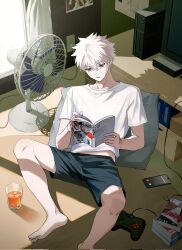  1boy 525chya barefoot cellphone commentary_request controller corrupted_twitter_file electric_fan game_controller grey_hair highres holding holding_manga juice kanzaki_kaoru male_focus manga_(object) on_floor phantom_busters phone reading scar scar_across_eye scar_on_face shirt short_hair shorts sitting slam_dunk_(series) smartphone soles solo sunlight t-shirt toes white_shirt 