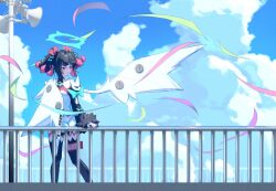  1girl absurdres aina_(alianglian91929) alarm_siren bare_shoulders black_hair black_thighhighs closed_mouth clouds cloudy_sky colored_inner_hair detached_sleeves dress green_halo halo highres multicolored_hair nangong_yu pink_hair red_eyes short_hair short_twintails sky solo thigh-highs twintails white_dress white_wings wings zenless_zone_zero 