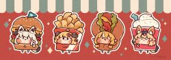  4girls :d ameya_(kappadoll) animal_ear_fluff animal_ears bakatare_(hololive) blonde_hair blue_eyes blush_stickers burger chibi chibi_only closed_mouth commentary_request earclip elf food fox_ears fox_girl french_fries full_body hololive hot_dog ice_cream in_food multicolored_hair multiple_girls omaru_polka open_mouth outline pointy_ears red_background shirakami_fubuki shiranui_flare short_hair smile standing streaked_hair tsunomaki_watame virtual_youtuber white_hair white_outline white_streaks 
