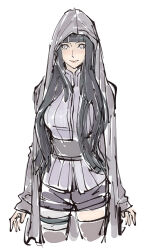  1girl beerenfuchs black_hair black_shorts closed_mouth commentary cowboy_shot hood hood_up hyuuga_hinata long_hair long_sleeves looking_at_viewer naruto:_the_last naruto_(series) purple_shirt shirt shorts sleeves_past_wrists smile solo white_background 