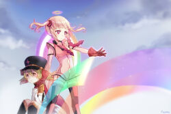  2girls blonde_hair blue_sky clouds commentary_request elbow_gloves gloves green_hair halo hat highres long_hair magical_girl mahou_shoujo_ikusei_keikaku mahou_shoujo_ikusei_keikaku_limited military_hat multicolored_hair multicolored_halo multiple_girls pink_hair postarie rain_pow rainbow red_eyes short_hair sky thigh-highs white_gloves yunare 