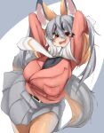  1girl absurdres animal_costume animal_ear_fluff animal_ears belt blazer breasts fox_ears fox_girl fox_tail gloves grey_hair highres island_fox_(kemono_friends) jacket kemono_friends kneehighs large_breasts long_hair looking_at_viewer multicolored_hair necktie open_mouth orange_hair scarf simple_background skirt smile socks solo tail twintails urisaba 