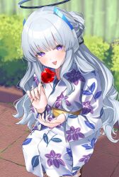  1girl absurdres alternate_costume blue_archive blue_halo blush candy_apple commentary floral_print floral_print_kimono food hair_bun half_updo halo highres holding holding_candy_apple holding_food japanese_clothes kimono long_hair looking_at_viewer noa_(blue_archive) open_mouth ozakinggg print_kimono sash solo squatting very_long_hair violet_eyes white_hair white_kimono yellow_sash 