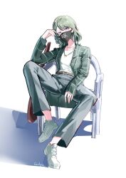 1girl bang_dream! bang_dream!_our_notes black_mask chair float_gaohyu green_hair green_jacket green_pants green_shoes highres izawa_natsume jacket jewelry looking_at_viewer mask medium_hair mouth_mask necklace open_clothes open_jacket pants shirt shoes simple_background sitting solo violet_eyes white_background white_shirt 