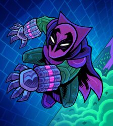  1boy bodysuit cape city_lights cityscape clawed_gauntlets dan_hipp dynamic_pose full_body green_bodysuit halftone highres male_focus marvel marvel_snap mask night official_art outdoors prowler_(marvel) purple_cape purple_mask purple_theme sewer smoke spider-man_(series) superhero_costume toon_(style) underground 