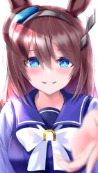  1girl absurdres ahoge animal_ears blue_eyes blush bow bowtie breasts brown_hair commentary_request grey_hairband hair_between_eyes hairband highres horse_ears horse_girl large_breasts long_hair long_sleeves looking_at_viewer mihono_bourbon_(umamusume) parted_lips popoidraw purple_sailor_collar purple_shirt reaching reaching_towards_viewer sailor_collar sailor_shirt school_uniform shirt silver_hairband simple_background smile solo tracen_school_uniform umamusume upper_body white_background white_bow white_bowtie 