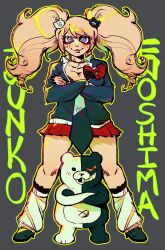  absurdres bear_hair_ornament big_hair black_nails black_shirt blonde_hair blue_eyes bow bra character_name crossed_arms danganronpa:_trigger_happy_havoc danganronpa_(series) enoshima_junko grey_background hair_ornament highres jewelry monokuma necktie red_bow red_nails red_skirt redesign ring shirt shirt_bow simple_background skirt stuffed_animal stuffed_toy sugarrcola teddy_bear twintails two-tone_necktie underwear white_necktie 