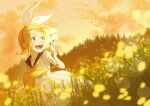  1girl armpits ascot bangs bare_arms bare_shoulders blonde_hair blurry bon_bon_eee bow clouds collarbone dandelion dandelion_seed depth_of_field dress dutch_angle field flower flower_field green_eyes hair_bow hair_ornament hairclip highres holding holding_flower kagamine_rin lens_flare looking_back looking_to_the_side neckerchief open_mouth orange_sky sailor_collar sailor_dress silhouette sky sleeveless sleeveless_dress smile solo sunset swept_bangs tree vocaloid white_bow white_dress wind yellow_ascot yellow_flower yellow_neckerchief 
