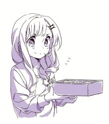  1girl bento boro_(tn-boro) braid closed_mouth commentary_request hair_ornament highres holding holding_bento long_hair looking_at_viewer mahou_shoujo_ikusei_keikaku mahou_shoujo_ikusei_keikaku_unmarked monochrome murota_tsubame single_braid smile star_(symbol) star_hair_ornament white_background x_hair_ornament 