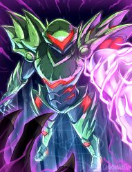  1girl armor artist_name canadiananiguy claws commentary_request english_commentary glowing_arm green_armor green_helmet helmet highres metroid metroid_ravenous metroid_suit official_alternate_costume power_armor power_suit_(metroid) red_assault_visor samus_aran science_fiction shoulder_spikes spiked_armor spikes 