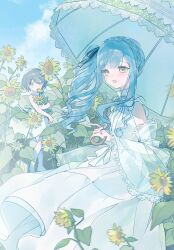  2girls bang_dream! bang_dream!_it's_mygo!!!!! black_ribbon blue_hair blue_sky chinese_commentary clouds commentary_request cowboy_shot day detached_sleeves dress drill_hair field flower flower_field frilled_sleeves frills hair_ribbon highres holding holding_umbrella long_hair looking_at_viewer multiple_girls open_mouth outdoors parasol ribbon side_ponytail sidelocks sky sleeveless sleeveless_dress smile songie standing sunflower takamatsu_tomori togawa_sakiko umbrella white_dress white_sleeves yellow_eyes 