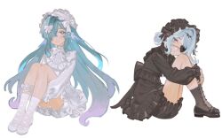 2girls alternate_costume ankle_socks artist_name black_bow black_shorts black_socks blue_eyes blue_hair bow commentary dress english_commentary english_text eyepatch frilled_dress frills full_body genshin_impact gradient_hair hair_bow hair_bun hair_intakes hair_ornament hair_over_one_eye headdress hugging_own_legs knees_up long_hair long_sleeves looking_at_viewer multicolored_hair multiple_girls odette_(genshin_impact) pale_skin pearl_hair_ornament shorts sitting socks violet_eyes vodyanitsa_(genshin_impact) white_background white_bow white_shorts white_socks xiaoventiggrr 