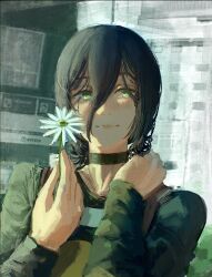  1girl absurdres backpack bag black_choker blush building chainsaw_man choker eyelashes facing_viewer flower green_eyes hair_between_eyes hair_bun hatching_(texture) highres holding holding_flower lips long_sleeves payphone phone purple_hair rain renko_040 reze_(chainsaw_man) sidelocks smile wet wet_hair white_flower 