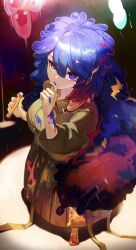  1girl barefoot blue_eyes blue_hair blue_pupils brown_collar brown_shirt brown_skirt brown_sleeves buttons collar collared_shirt commentary_request dark_background dot_nose feet from_above full_body hands_up heterochromia highres holding holding_test_tube indoors k1ml_999 licking licking_finger licking_own_finger limbus_company long_hair long_sleeves looking_at_viewer paint_on_clothes paint_on_hands palette_(project_moon) pleated_skirt project_moon red_pupils shirt skirt solo test_tube very_long_hair yellow_eyes 