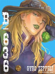  1boy ball blonde_hair blue_background brown_hat character_name commentary cowboy_hat english_commentary english_text eyelashes frizzlelamb goggles goggles_on_headwear green_eyes green_lips green_nails grills gyro_zeppeli hair_over_shoulder hand_on_own_chin hand_on_own_face hat highres holding holding_ball jojo_no_kimyou_na_bouken lipstick long_hair looking_at_viewer makeup male_focus nail_polish purple_shirt shirt simple_background solo steel_ball_(jojo) steel_ball_run twitter_username upper_body watermark 
