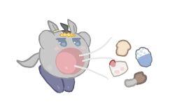  ahoge animal_ears blue_eyes blush_stickers bread cake chicken_(food) chicken_leg food fusion grey_hair highres horse_ears horse_tail inhaling kirby kirby_(series) no_humans oguri_cap_(umamusume) open_mouth rice simple_background solo tail umamusume white_background yumemi_kimyou 
