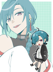  1other :d :o absurdres ahoge bare_shoulders black_jacket black_shirt black_skirt black_socks blue_hair braid chibi ear_piercing enonko green_background grey_shorts grid_background hair_over_one_eye hair_over_shoulder hands_in_pockets highres jacket long_hair long_sleeves multiple_views nijisanji open_clothes open_jacket piercing pleated_skirt ryuushen ryuushen_(3rd_costume) ryuushen_(nanajigen_seitokai) school_uniform shirt shoes shorts shorts_under_skirt skirt sleeveless sleeveless_shirt sleeves_past_fingers sleeves_past_wrists smile socks violet_eyes virtual_youtuber white_shirt white_shoes 