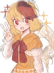  +_+ 1girl :d animal_on_head baby_animal bird bird_tail blonde_hair chick commentary dress feathered_wings hair_between_eyes hand_up long_sleeves looking_at_viewer multicolored_hair neckerchief niwatari_kutaka on_head open_mouth rbfnrbf_(mandarin) red_eyes red_hair red_neckerchief shirt short_hair simple_background smile solo tail touhou two-tone_hair v white_background white_shirt white_wings wings yellow_dress 