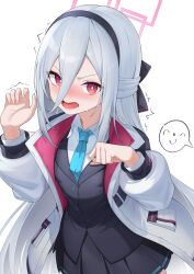  1girl absurdres black_hairband blue_archive blue_necktie blush doodle_sensei_(blue_archive) double-parted_bangs hair_between_eyes hairband halo highres jacket kei_(blue_archive) kei_(student)_(blue_archive) long_hair long_hair_between_eyes long_sleeves looking_at_viewer mooouluren necktie open_mouth pink_eyes pink_halo rectangular_halo sensei_(blue_archive) shirt very_long_hair white_hair white_jacket white_shirt 