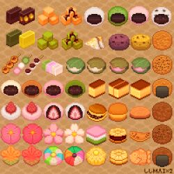  artist_name brown_background cake castella_(food) colorful commentary_request daifuku dango dorayaki floral_background floral_print food food_focus fukuume_(food) highres ichigo_daifuku mitarashi_dango mochi morumorumorusuke no_humans original pixel_art pixiv_username red_bean_paste sakura_mochi sakuramon sanshoku_dango senbei sweets taiyaki wagashi 