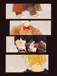  1girl 3boys a_xing black_pants blonde_hair bow bowtie brown_coat character_name coat collared_shirt commentary converse doctor_who ear_chain eleventh_doctor_(doctor_who) gold_ring guitar highres holding holding_plectrum instrument linked_piercing long_sleeves multiple_boys multiple_persona pants piercing playing_guitar playing_instrument plectrum red_bow red_bowtie shirt shoes short_hair striped_clothes striped_pants suspenders tenth_doctor_(doctor_who) the_doctor_(doctor_who) thirteenth_doctor_(doctor_who) twelfth_doctor_(doctor_who) untranslatable_commentary vertical-striped_clothes vertical-striped_pants white_shoes 