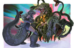  2girls animal_hands biollante biollante_(cosplay) black_hair blue_hair boots border clawed_gloves claws commentary cosplay crop_top detached_sleeves duel elbow_gloves eye_contact fake_claws fake_tail floating gloves godzilla godzilla_(cosplay) godzilla_(series) godzilla_vs._biollante green_boots green_leotard green_sleeves grey_boots grey_gloves grey_shirt grey_shorts highres leotard looking_at_another midriff mouth_tentacles multiple_girls open_mouth orange_eyes outside_border partially_bordered paw_gloves paw_shoes plant rounded_corners sharp_teeth shirt short_hair shorts standing stirrup_footwear tail teeth tentacles thigh_boots thighs thorns urasato white_border white_eyes 
