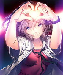 1girl black_necktie breasts closed_mouth collared_shirt hands_up heart heart_hands light_smile looking_at_viewer loose_necktie medium_breasts necktie open_clothes open_shirt original red_shirt rezi shirt short_sleeves violet_eyes watch watch 