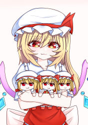  4girls :3 absurdres ascot blonde_hair clone closed_mouth collared_shirt commentary crystal crystal_wings eroelu flandre_scarlet four_of_a_kind_(touhou) frilled_shirt_collar frills hat hat_ribbon highres mini_person minigirl mob_cap multicolored_wings multiple_girls one_side_up pointy_ears red_eyes red_skirt red_vest ribbon shirt skirt skirt_set smile touhou vest white_hat white_shirt wings yellow_ascot 